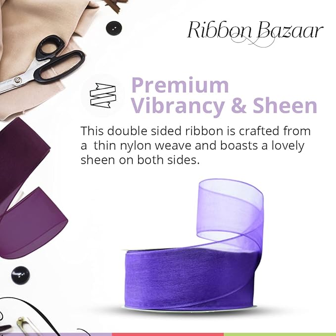 Ribbon Bazaar Sheer Organza Wired Ribbon - Wire Edged Ribbon for Floral Decor, Table Arrangements, Apparel Embellishment & More - 1-1/2" Navy 25yd Spool