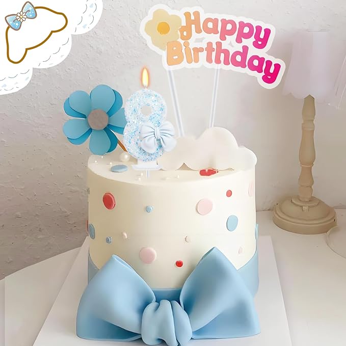 Birthday Candle for Cake, Blue Bow Number Candles, 2.76 inch Number, Cake Topper Decoration for Birthday Party (Number 8)