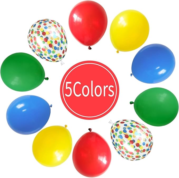 Dagelar Red Yellow Blue Balloons, Rainbow Assorted Latex Balloons, Red Blue Green Yellow with Colourful Confetti Balloon, for Birthday, Festival, Carnival Circus, Robot Blocks, Video Game Party Decor