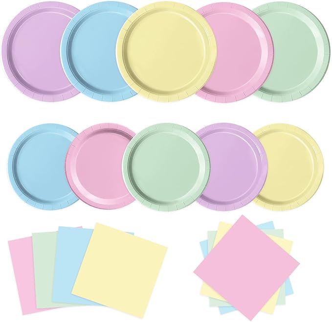 Oigco 60 PCS Pastel Paper Plates and Napkins, Pastel Party Decorations, Rainbow Paper Plates for Colorful Birthday Baby Shower Wedding