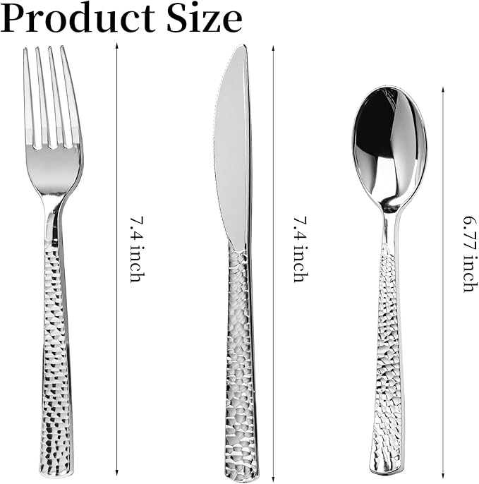 150PCS Silver Plastic Silverware, Heavy Duty Plastic Cutlery Set, Disposable Utensils - 50 Forks, 50 Spoons and 50 Knifes for Party, Wedding and Events
