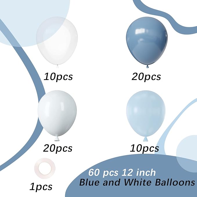 Dusty Blue Latex Balloons, 60pcs 12 Inches Blue and White with Transparent Balloons for Wedding, Birthday, Baby Shower Party Decorations
