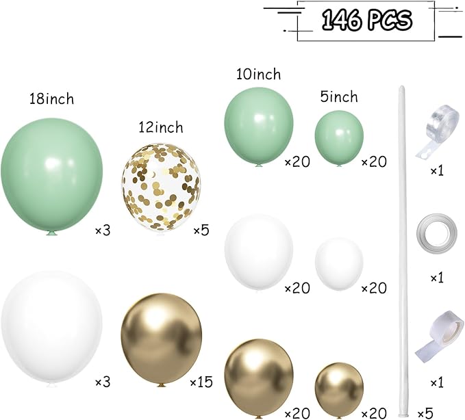 MEBAY Sage Green White Gold Balloon Garland Arch Kit, 146Pcs Latex Balloons Different Sizes 18 12 10 5 Inch for Birthday Baby Shower Gender Reveal Wedding Party Decoration