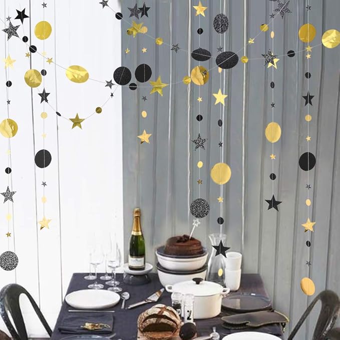 Cheerland Black and Gold Party Decorations Star Garlands Gold Black Birthday Decorations Hanging Star Streamers Graduation Decor NYE New Year Eid Ramadan Galaxy Starry Night Party Supplies