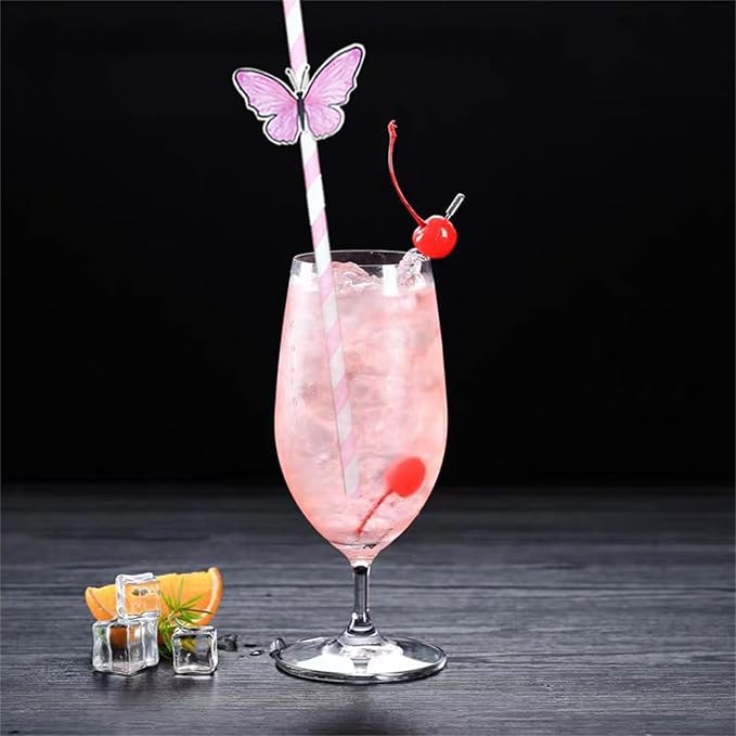 20pcs Butterfly Stripe Paper Straws Anti Wrinkle Straw Butterfly Floral Decor Disposable Party Straws Drinking Straws Set for Valentine's Day Brithday New Year Party Decoration Supplies