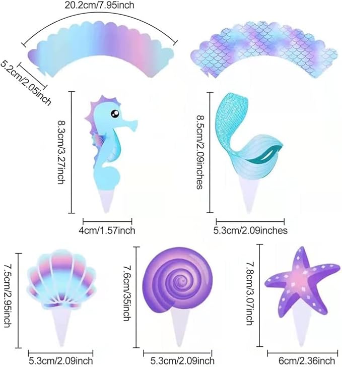 120 Pcs Mermaid Cupcake Wrappers Toppers, Include 60 Cake Topper and 60 Wrappers Double Side, Little Mermaid Theme Decoration Under The Sea Birthday Baby Shower Party Favor