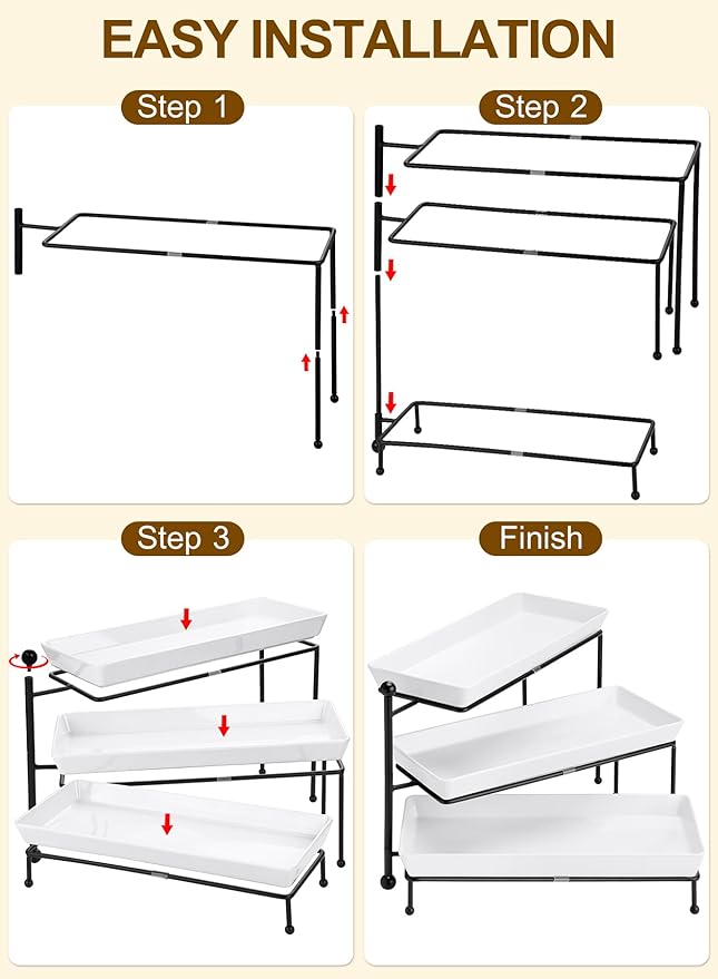3 Tiered Serving Stand, Foldable Rectangular Food Display Stand with White Platters - Serving Trays, Dessert Display Server for Brithday Party, Valentine's Day and Events