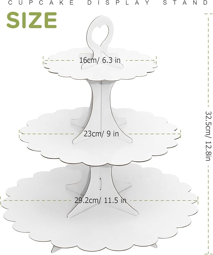 White Cupcake Stand Tower, 3-Tier Cardboard Dessert Display with Heart Handle,Perfect for Birthday Baby Shower Wedding Tea Party Graduation, Easy 60-Second Assembly, Holds 12+Cupcakes (1-Pack)