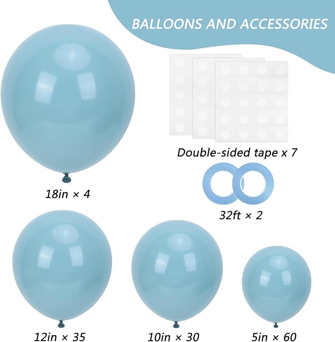 RUBFAC 129pcs Dusty Blue Balloons Different Sizes 18 12 10 5 Inch Latex Haze Blue Balloon Garland Arch for Party Decoration Birthday Wedding Engagements Anniversary Baby Shower Party Supplies