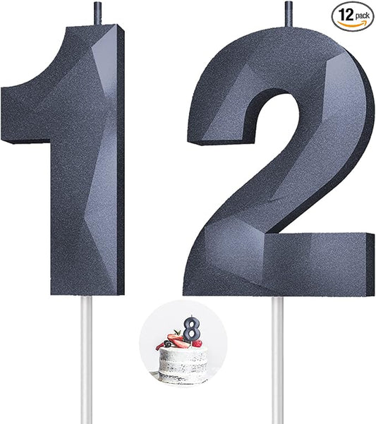 Number Birthday Candles(12 Candle Black) 3D Diamond Shape 12th Happy Birthday Cake Topper Decorations for Boy Men Birthday Wedding Anniversary Celebration Theme Party Supplies