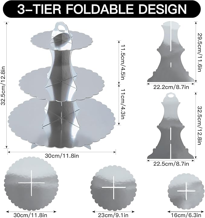 Soleebee 3-Tier Cupcake Stand, Cardboard Cupcake Tower, Dessert Cup Cake Stand Tower for Birthday Wedding Party Decoration, Cupcake Tier Stand 1 Set (Silver)