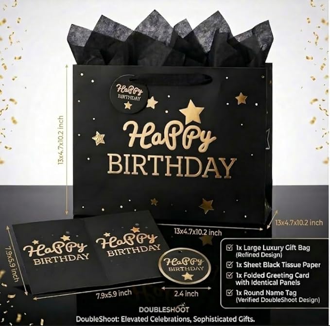 DOUBLESHOOT Black Birthday Gift Bag with Tissue Paper and Greeting Card, Medium Gift Bag 13 x 10.2 x 4.9 inches, Gold Foil Happy Birthday Stars and Dots Design, Gift Wrap Bag for Men, Boys, Dad, Him