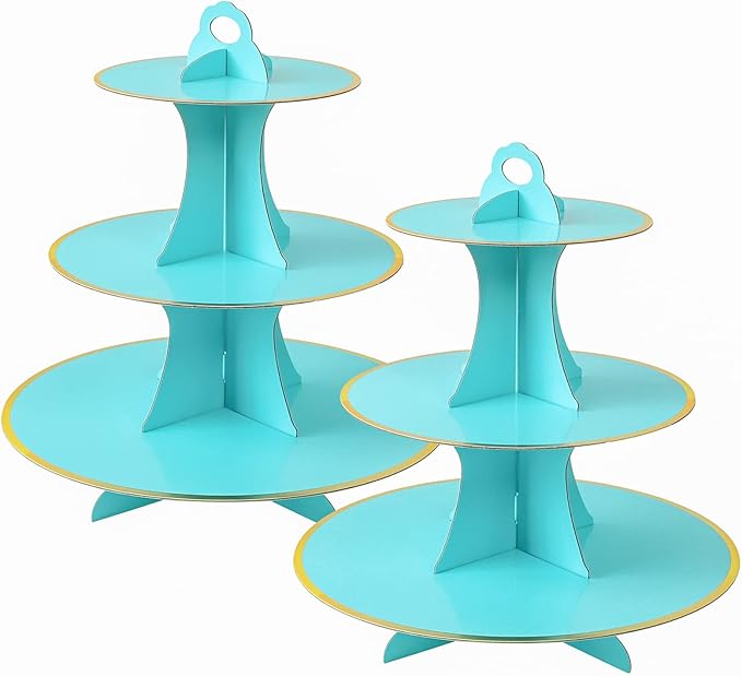 Soleebee 3-Tier Round Cupcake Stand, Cardboard Cupcake Tower, Dessert Cup Cake Stand Tower for Birthday Wedding Party Decoration, Cupcake Tier Stand 2 Set (Blue Gold)
