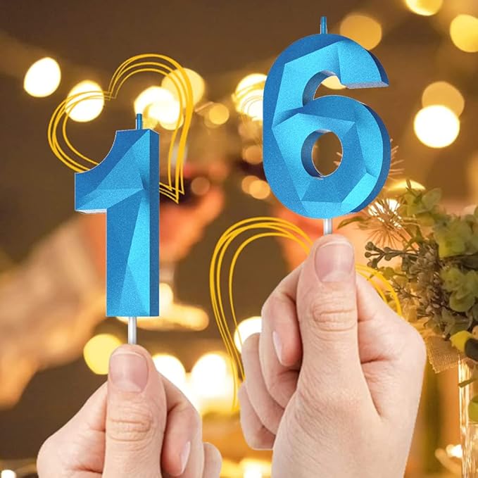 Number Birthday Candles(17 Candle Blue) 3D Diamond Shape Number Happy Birthday Cake Candles for Birthday Party Wedding Decoration Reunions Theme Party