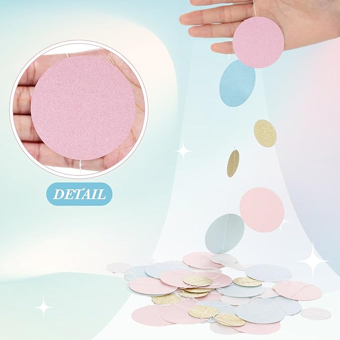 Outus 10 Pieces Pink,Blue,Gold,White Round Dots Garland Graduation Party Hanging Decor Each Length 13.1ft Glitter Paper Dot Streamers for Birthday Wedding Classroom Supplies