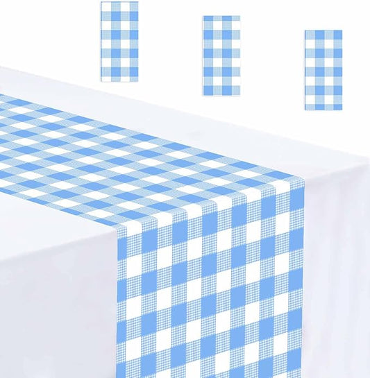 3 Pcs Light Blue and White Checkered Table Runner Plastic 14 x 108 Disposable Baby Blue Gingham Table Runner for Birthday Wedding Baby Shower Party Table Centerpiece Decorations