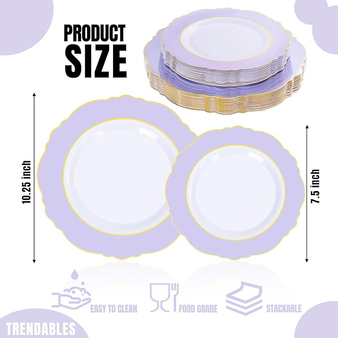 WDF 60pcs Purple Plates Disposable with Gold Rim - Baroque Light Purple Plastic Plates - Lavender Plates for Spring/Wedding/Birthday