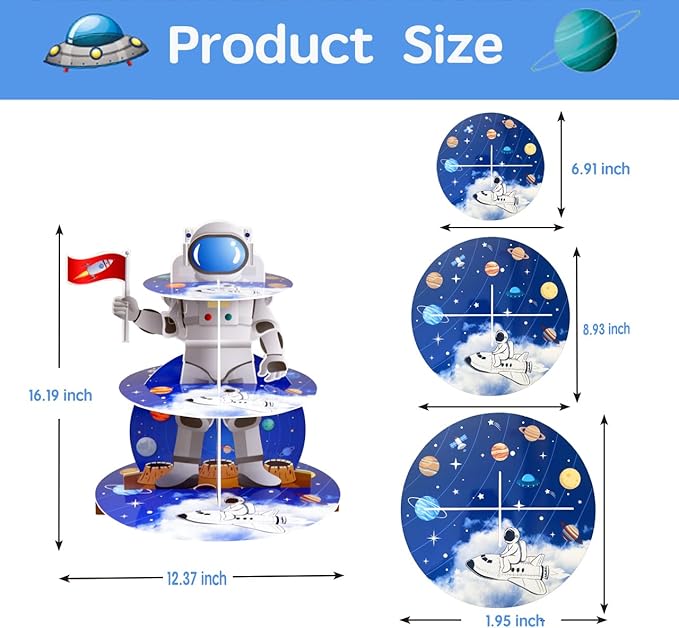 Space Astronaut Cupcake Stand Space Themed Birthday Party Decorations 3-Tier Cardboard Cupcake Holder stand Galaxy Style Dessert Tower Display for Party Supplies