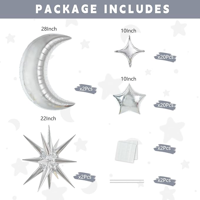 TONIFUL 44pcs Silver Moon Explosion Star Foil Balloons Kit - Large Moon Shape & Star Mylar Foil Balloons for Birthday, Wedding, Baby Shower, Anniversary & Engagement Parties