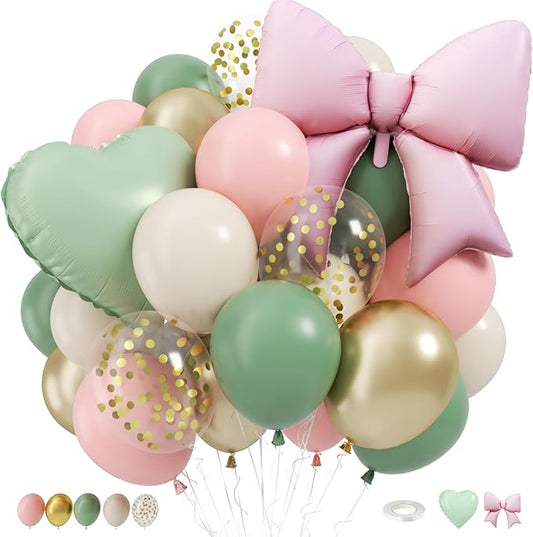 Sage Green Pink Balloons, 12inch Sage Green Blush Pink Sand White Confetti Balloons with Heart Bow Foil Balloon for Netural Boho Birthday Wedding Bridal Engagement Party Decorations