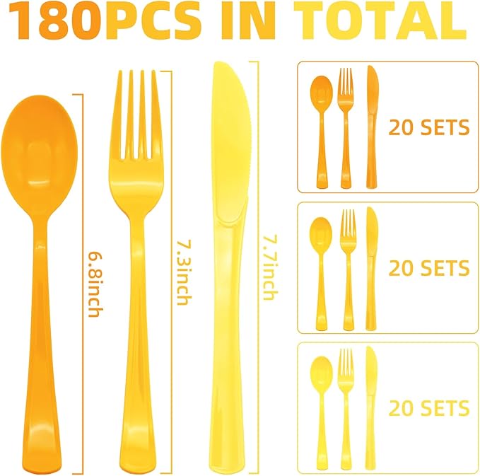 180 PCS Yellow Plastic Silverware Heavy Duty Yellow Plastic Cutlery Set Disposable 60 Forks, 60 Knives, 60 Spoons for Birthday, Party, Picnic