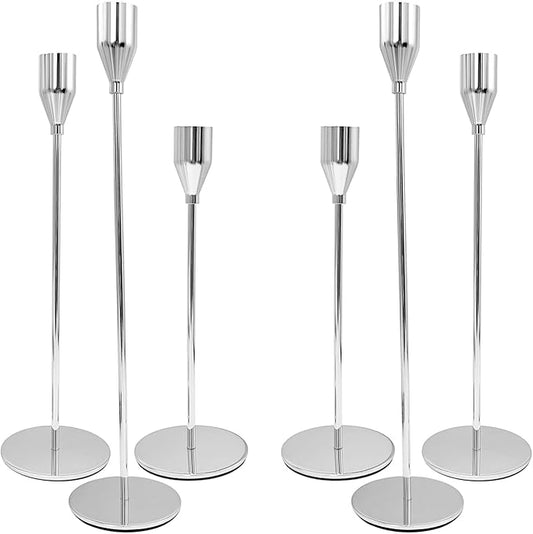 Candlestick Holders, Set of 6 Taper Silver Candle Holder Decor for Date, Festival, Wedding, Party, Dinning or Anniversary, Fit 3/4" Thick Pillar Candles & Led Candles