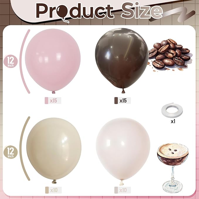 Pink and Brown Balloons, Espresso Martini Party Decorations, Dusty Pastel Pink Brown Coffee Chocolate Beige White Sand Latex Balloons for Birthday Bachelorette Bear Party Boho Bridal Baby Shower Decor