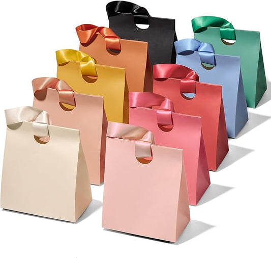 Vitalizart Paper Gift Bags With Ribbon Handles Set of 10 Assorted Colors Bulk Reusable For Gift Wrap Girls Kids Birthday Bridal Shower Party Favors Goodie Bags Candy 8.07"x4.72"x9.84" Medium Size