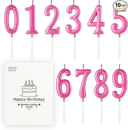 Beanlieve Pink Numeral Birthday Candles - Cake Numeric Candles Number 0 1 2 3 4 5 6 7 8 9,Used for Cake Decoration on Birthday Parties and Wedding Anniversary Celebrations(10 Pieces)