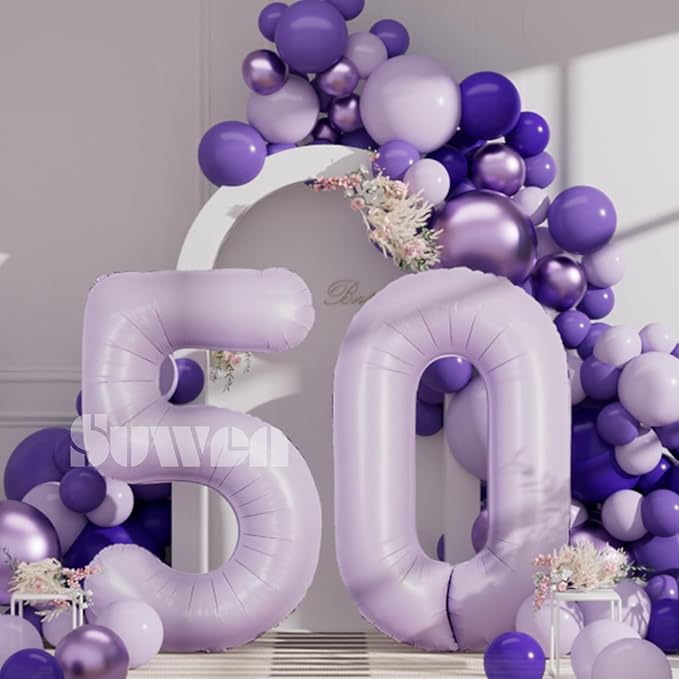 SUWEN 40 Inch Light Purple Large 50 Balloon Number Big Foil Helium Lavender Number Balloons Huge Mylar 0-9 Giant Jumbo Happy 50th Birthday Party Anniversary Decorations