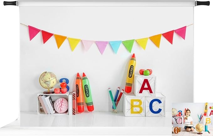 Kate 7x5ft/2.2x1.5m Back to School Backdrop Corlorful Pennant Flags Crayons Digital Printed Cloth Graduation Background Photo Studio Props