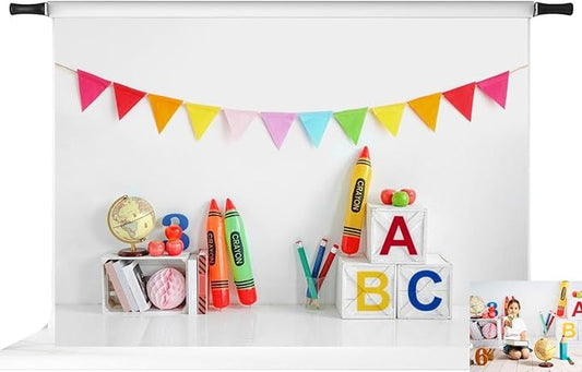 Kate 7x5ft/2.2x1.5m Back to School Backdrop Corlorful Pennant Flags Crayons Digital Printed Cloth Graduation Background Photo Studio Props