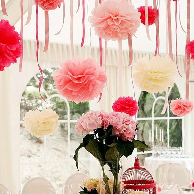 Binpeng Paper Pom Poms Hanging Paper Flower Ball Wedding Celebrations Decorations Outdoor Decoration Flowers Craft for Birthday Party (BIN06-red)