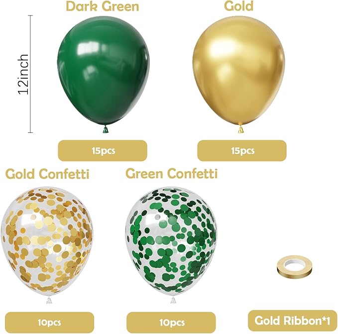 Hiquaty Green and Gold Latex Balloons,50pcs 12 inch Dark Green Balloons Gold Confetti Balloons with Ribbon for Birthday St. Patrick's Day Wedding Party Decoration