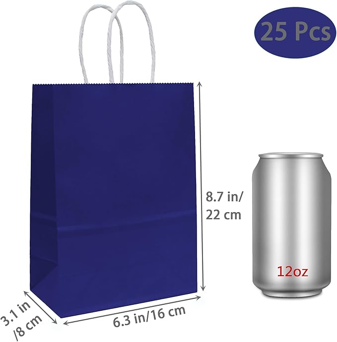 25 PCS Small Gift Bags Blue Kraft Paper Bags with Handles for Party Favors (8.2 x 6 x 3.1 In)