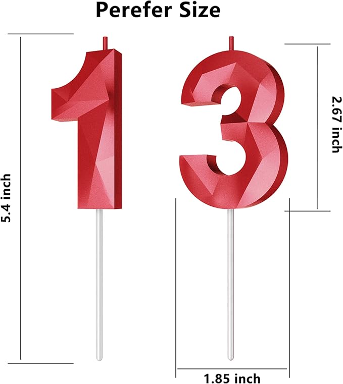 Number Birthday Candles(13 Candle Red) 3D Diamond Shape Number Happy Birthday Cake Candles for Birthday Party Wedding Decoration Reunions Theme Party