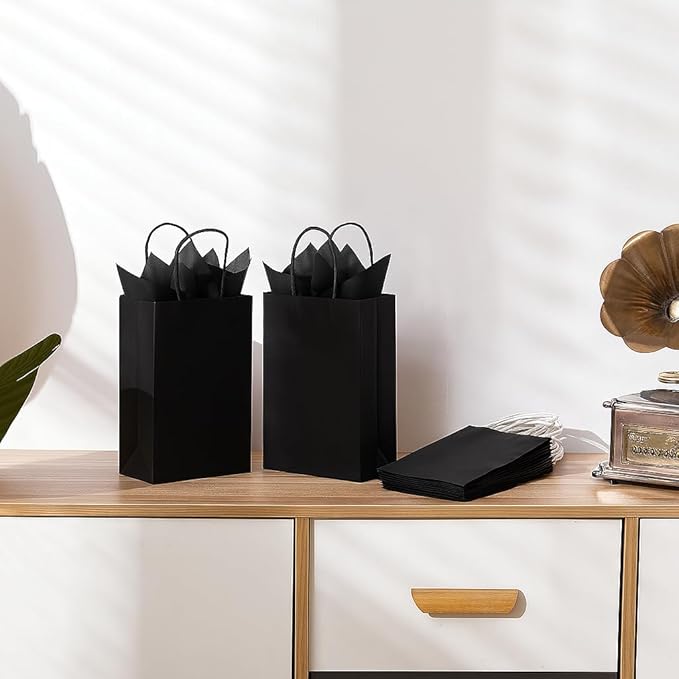 SUNCOLOR Black Gift Bags With Handles, 24 Pack Small Kraft Paper Party Favor Bags, 7.9 x 5.12 x 3.15 Inches With Tissue Paper for Halloween, Weddings, Corporate Events