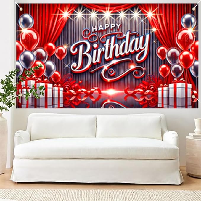 71x43 Inch Birthday Party Banner with Red and Silver Balloons Gift Boxes Curtains Stage Backdrop Indoor Outdoor Wall Door Porch Decoration Celebration Photo Prop