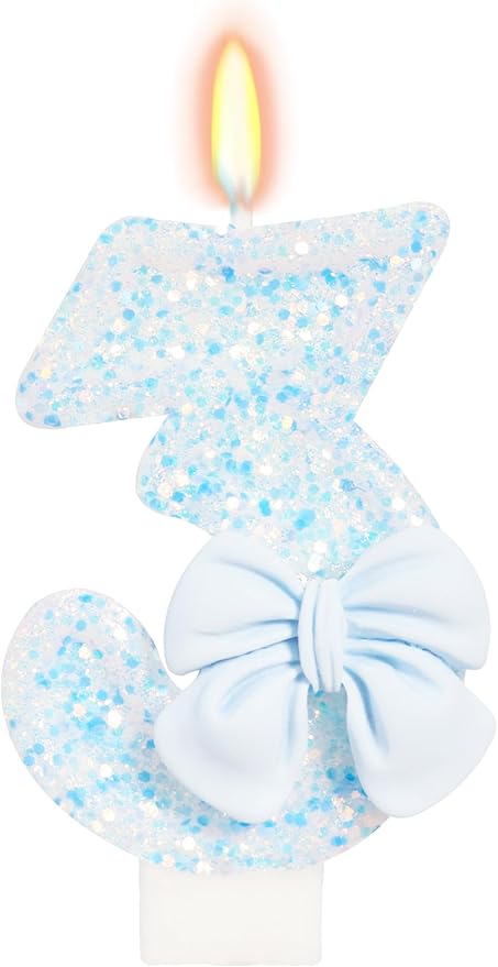 Birthday Candle for Cake, Blue Bow Number Candles, 2.76 inch Number, Cake Topper Decoration for Birthday Party (Number 3)