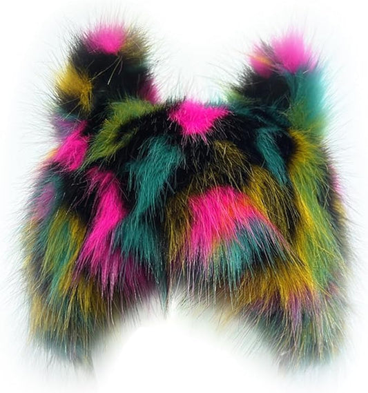 PURFUN Colorful Faux Fur Earflap Hats with Cat Ear, Adults Cosplay Halloween Animal Theme Wolf Cat Hooded Hat Costume Caps