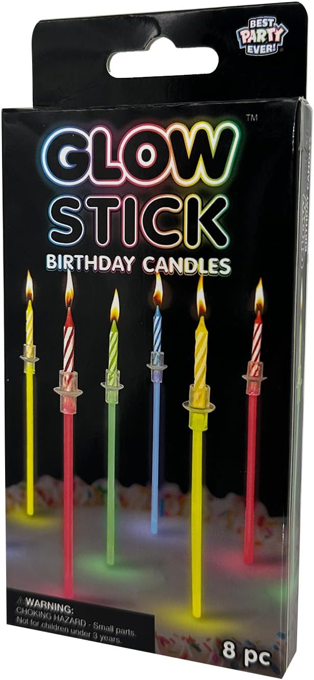BEST PARTY EVER! Glow Stick Birthday Candles for Cake, Glowing Party Favors, 2 Pack (16 Total)