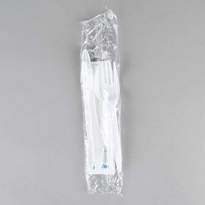 Pack Individually Wrapped Plastic Cutlery Set with Napkin, Salt and Pepper Packets Medium Weight Disposable Silverware Kits for To Go Meals Parties and Catering White, Plastic Silverware Wrapped (100)