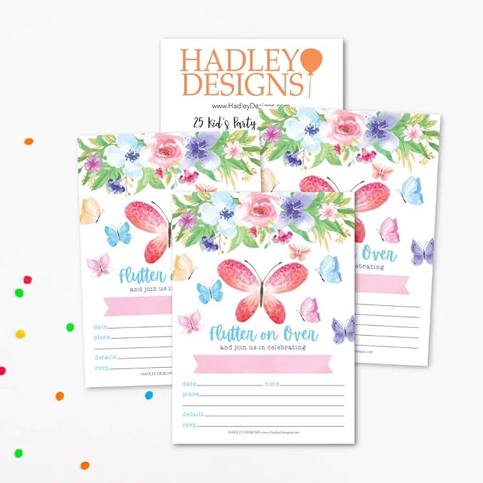 Hadley Designs Kids Birthday Invitations Girl Butterfly Theme - 25 Butterfly Birthday Party Invitations For Girls, Flutter on Over Invites For Girls, Cute Party Supplies, Made in USA