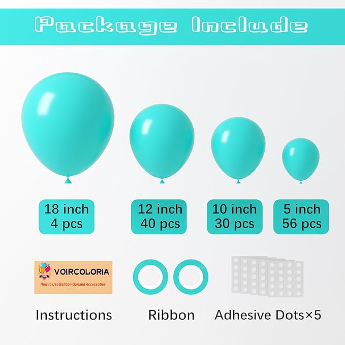 Voircoloria 130pcs Teal Balloons Different Sizes 18" 12" 10" 5" Turquoise Blue Balloons for Boys Girls Baby Shower Wedding Anniversary Graduation Engagements Birthday Party Decorations
