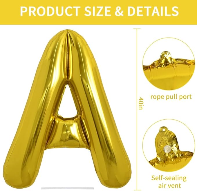TONIFUL 40 Inch Large Gold Letter A Helium Balloons,Foil Mylar Big Balloons for 2026 New Year Eve Graduation Wedding Baby Shower Birthday Party Anniversary Supplies Decorations