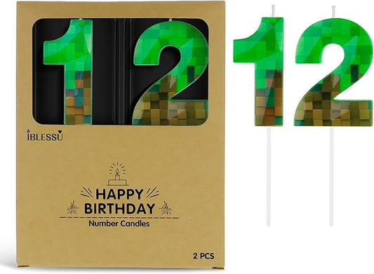 Pixel Birthday Candle, 2.68 Inch Miner Number Candles, Game Themed Candle Birthday Decoration for Pixel Theme Birthday Anniversary Dynamite Video Game Party (Green, 12)