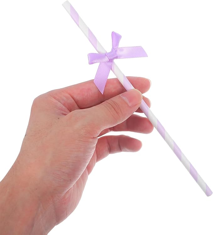 Gadpiparty Disposable Paper Straws with Purple Bow Tie Decorations 7.87 Inch Festive Decorative Straws for Birthday Wedding Baby Shower and Party Supplies