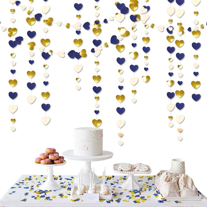 52Ft Valentines Day Party Decorations Navy Blue Gold Love Heart Garland Royal Blue Gold Hanging Streamer Banner for Anniversary Mothers Day Bachelorette Engagement Wedding Bridal Shower Birthday Party