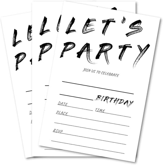 Birthday Let's Party Invitations, Simple Black and White Handwriting Style Design Invites with Envelopes for Girls Boys Teens Kids, 25 Pcs 4x6 Inch (Black Handwriting Simple)