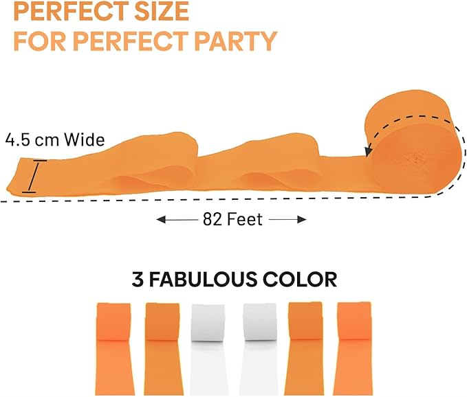 Captain Décor 6 Orange Streamers with White, 492ft Orange Crepe Paper Rolls for Party Decorations, Birthday Decorations Crepe Paper Streamers (1.8 inch x 82 ft/Roll)